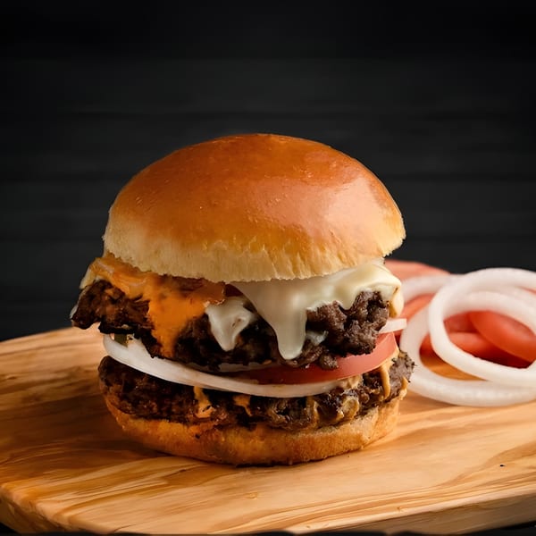 Double patty halal burger with melted cheese, tomato, and onion on a wooden board.